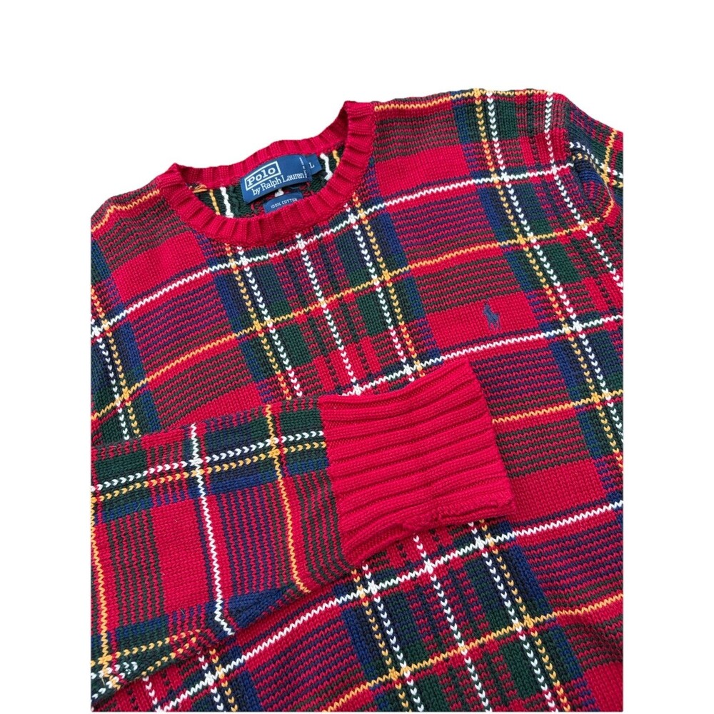 Vintage Polo Ralph Lauren Plaid Knit Crewneck Golf Holiday Tartan 1990s Sweater